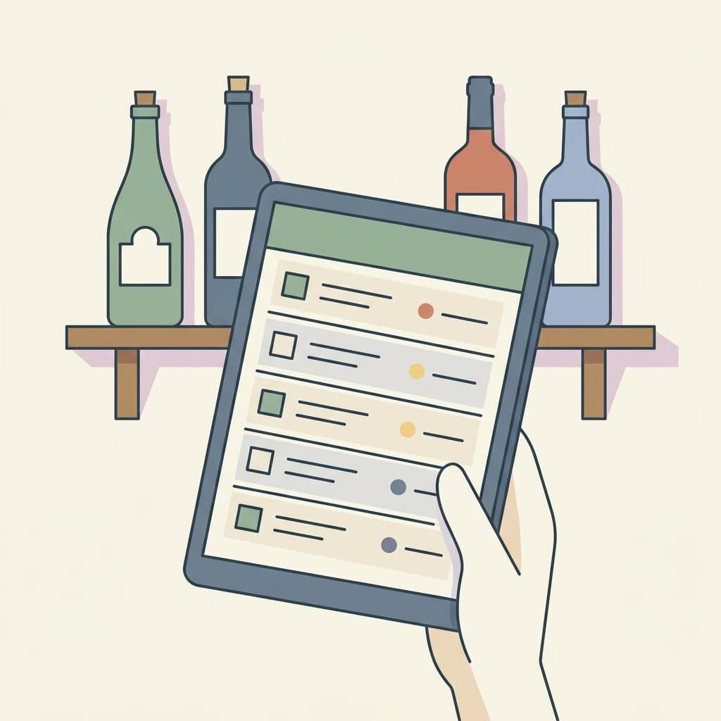 A sommelier holding a tablet showing a digital wine list in an elegant wine cellar